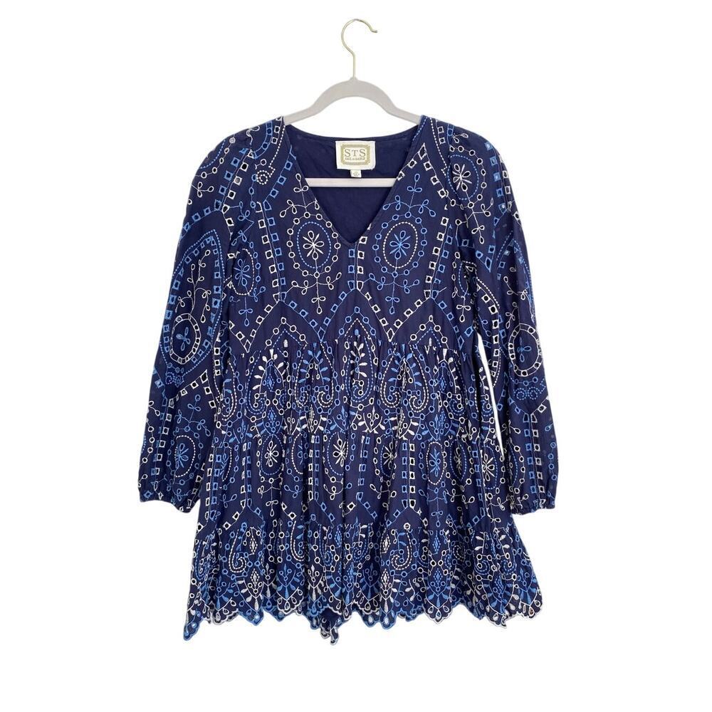 Sail to Sable Tuckernuck Navy Blue Eyelet Embroidered Mini Dress Long Sleeve XS